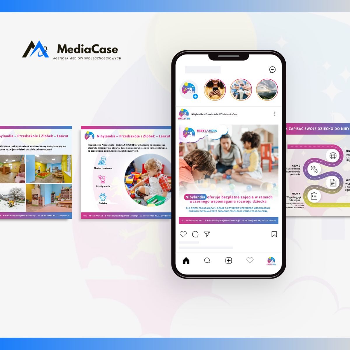 Prezentacja profilu na Instagramie przedszkola i żłobka Nibylandia z Łańcuta, ukazująca dzieci podczas zajęć i ofertę bezpłatnych zajęć wczesnego wspomagania rozwoju. Widoczny fragment strony...