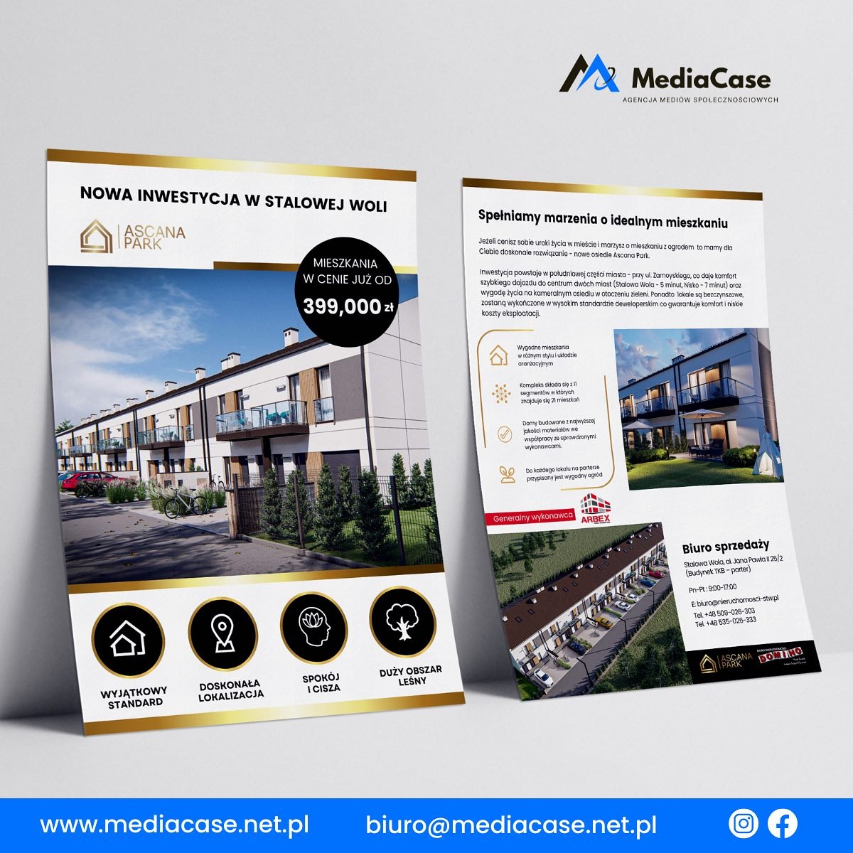 Ulotka reklamowa nowej inwestycji mieszkaniowej Ascana Park w Stalowej Woli, prezentująca wizualizacje osiedla z domami w zabudowie szeregowej i informacjami o cenach, lokalizacji i zaletach.