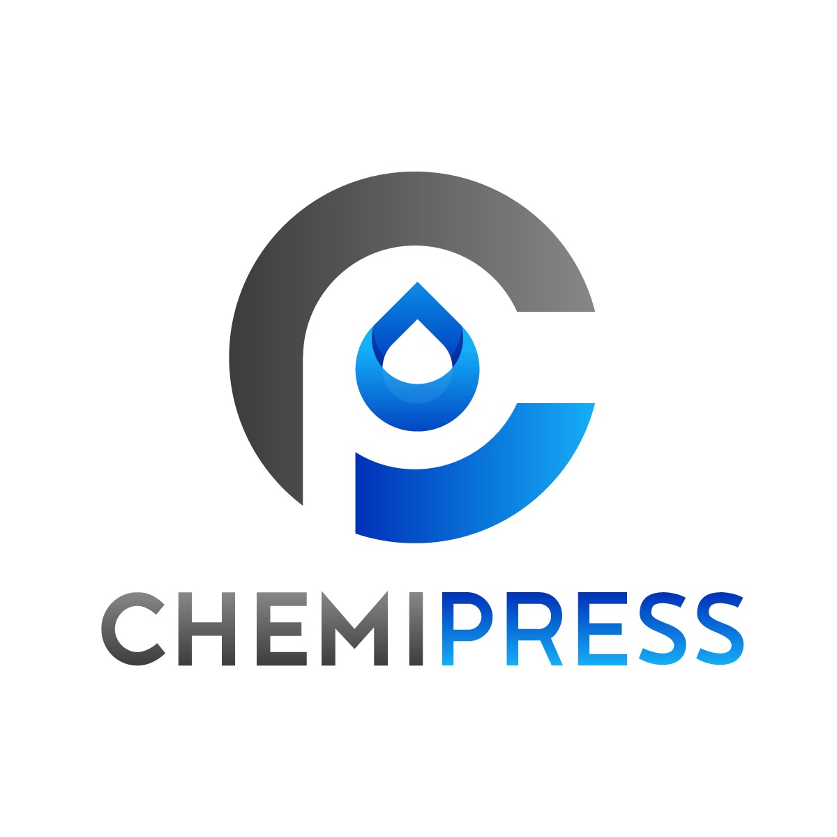 Logo firmy ChemiPress z Sosnowca, przedstawiające stylizowaną literę 'P' z kroplą wewnątrz, utrzymane w odcieniach szarości i niebieskiego na białym tle.