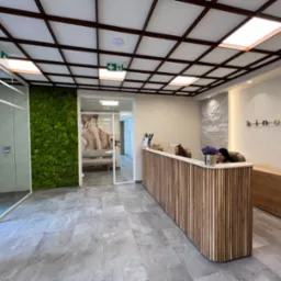 Recepcja w nowoczesnym gabinecie z drewnianą ladą, zieloną ścianą z mchu i podświetlanym sufitem kasetonowym. W tle widoczne wejście do sali z grafiką anatomiczną.