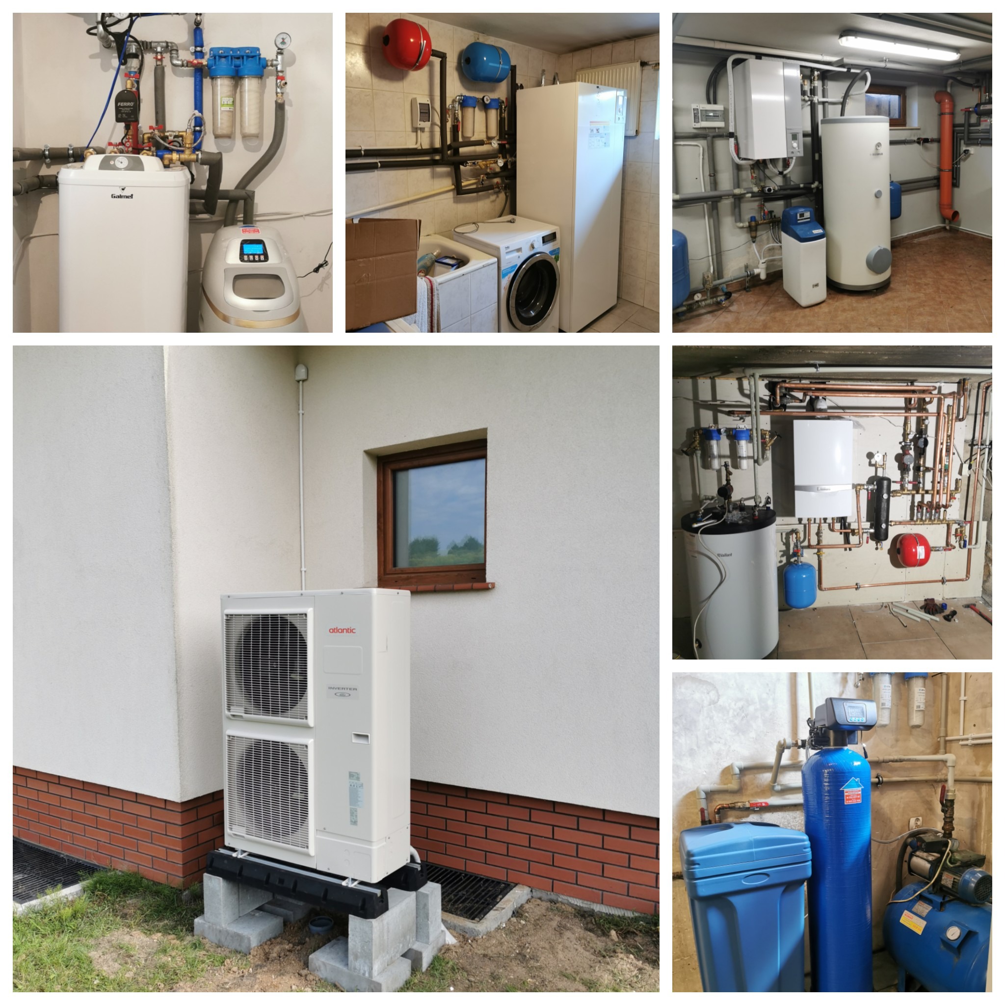 Kolaż zdjęć przedstawiający różne instalacje: zewnętrzna jednostka pompy ciepła przy budynku z ceglaną podmurówką, kotłownia z kotłem gazowym, zasobnikiem ciepłej wody i filtrami, oraz instalacje...