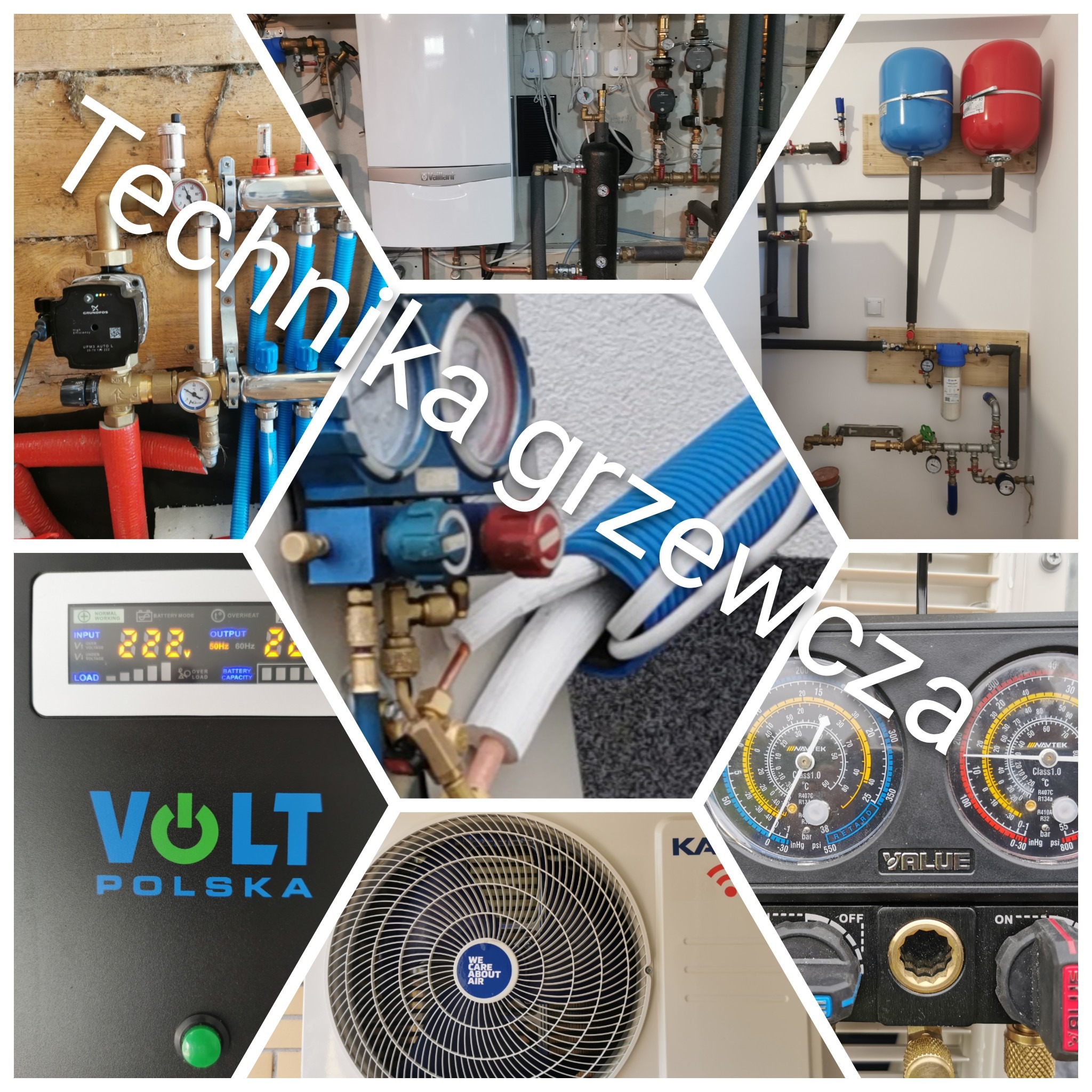 Kompozycja zdjęć z zakresu techniki grzewczej: kotłownia z piecem Vaillant, rozdzielacz ogrzewania podłogowego, manometry pomiarowe, inwerter VOLT Polska i wentylator jednostki zewnętrznej.