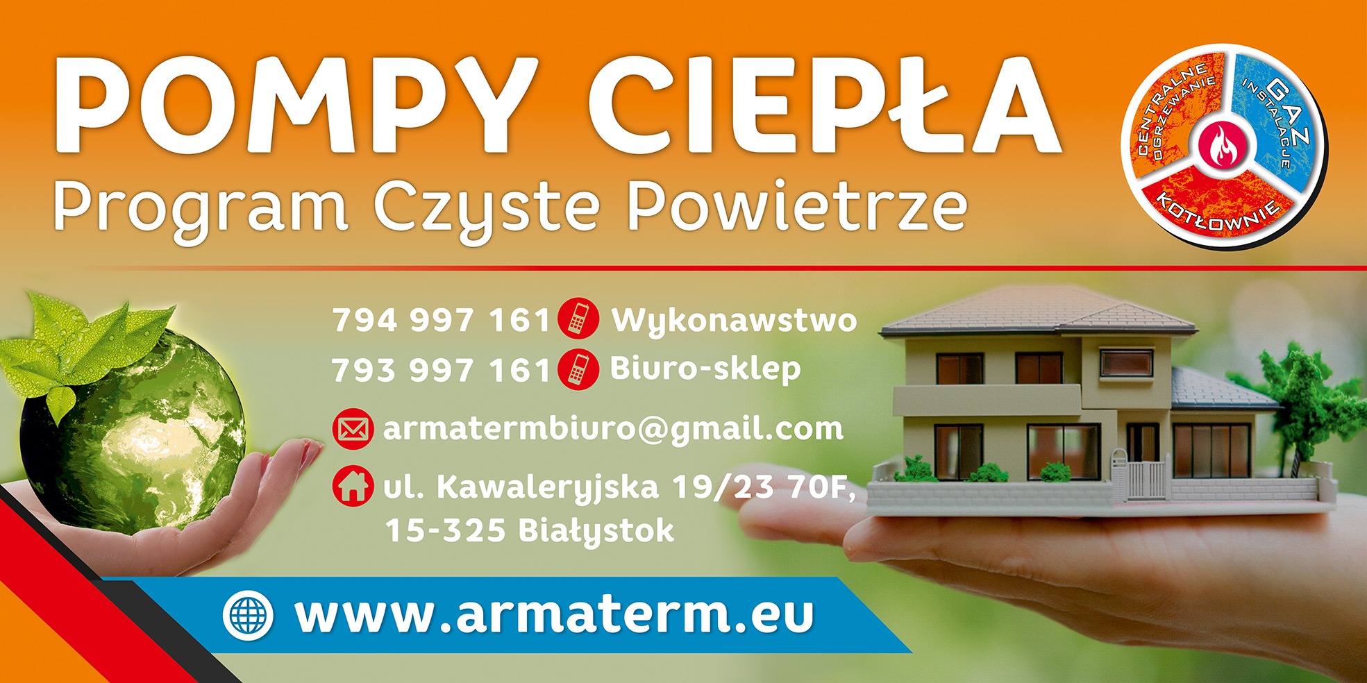 Grafika reklamowa z hasłem 'Pompy ciepła Program Czyste Powietrze', numerami telefonów, adresem e-mail i adresem firmy, z motywem dłoni trzymającej globus z zielonymi liśćmi oraz miniatury domu.