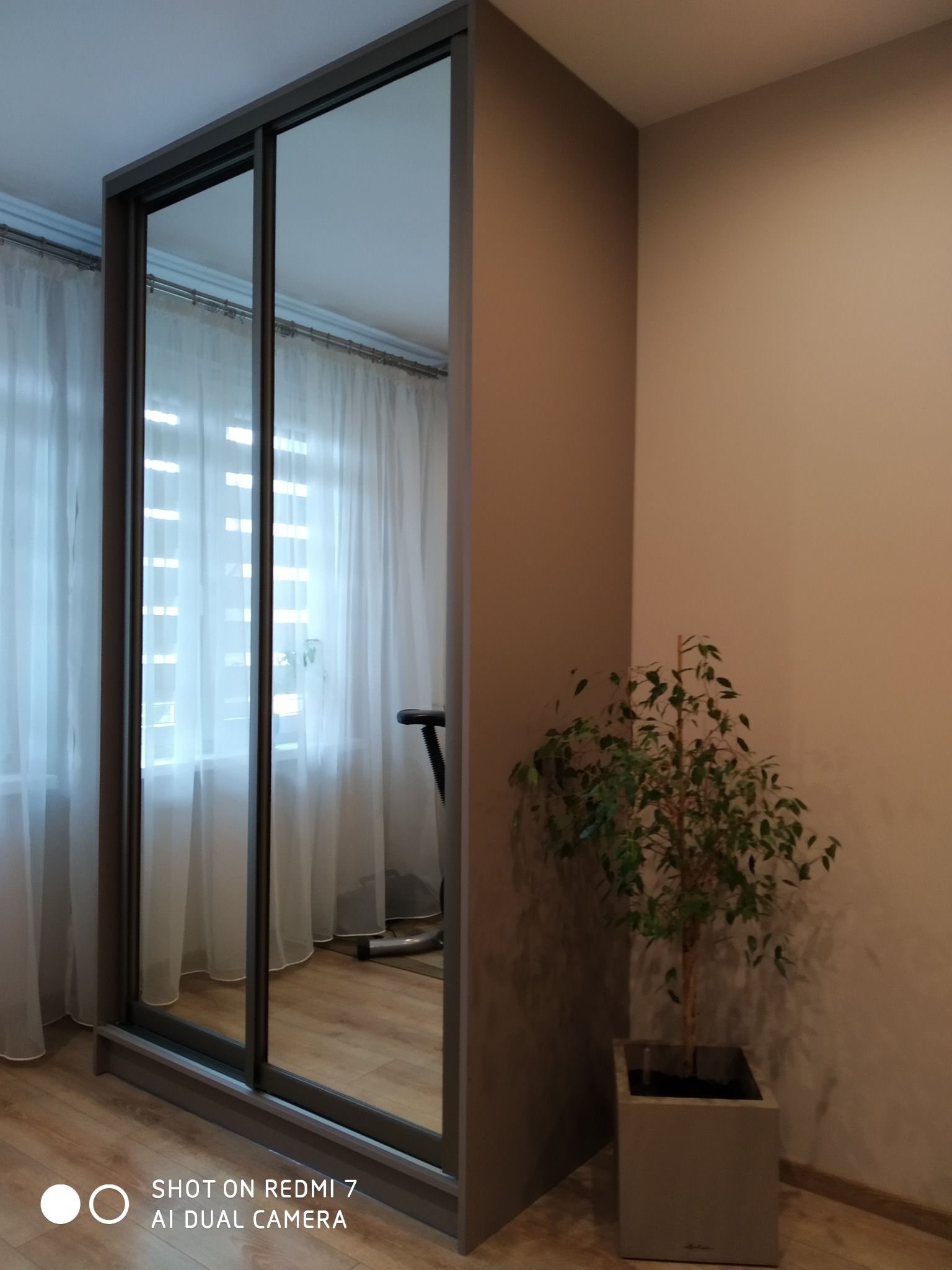 Szafa wnękowa z przesuwnymi drzwiami lustrzanymi w pokoju, na podłodze parkiet, obok szafy stoi doniczka z małym drzewkiem.