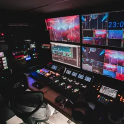 Stanowisko pracy realizatora wizji: monitory z podglądem kamer, mikser wizyjny z podświetlonymi przyciskami, słuchawki, klucze na biurku, ciemne pomieszczenie.