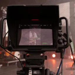 Kamera filmowa na statywie, z widokiem na ekranie na gitarzystę podczas występu na scenie, sprzęt oświetleniowy w tle.