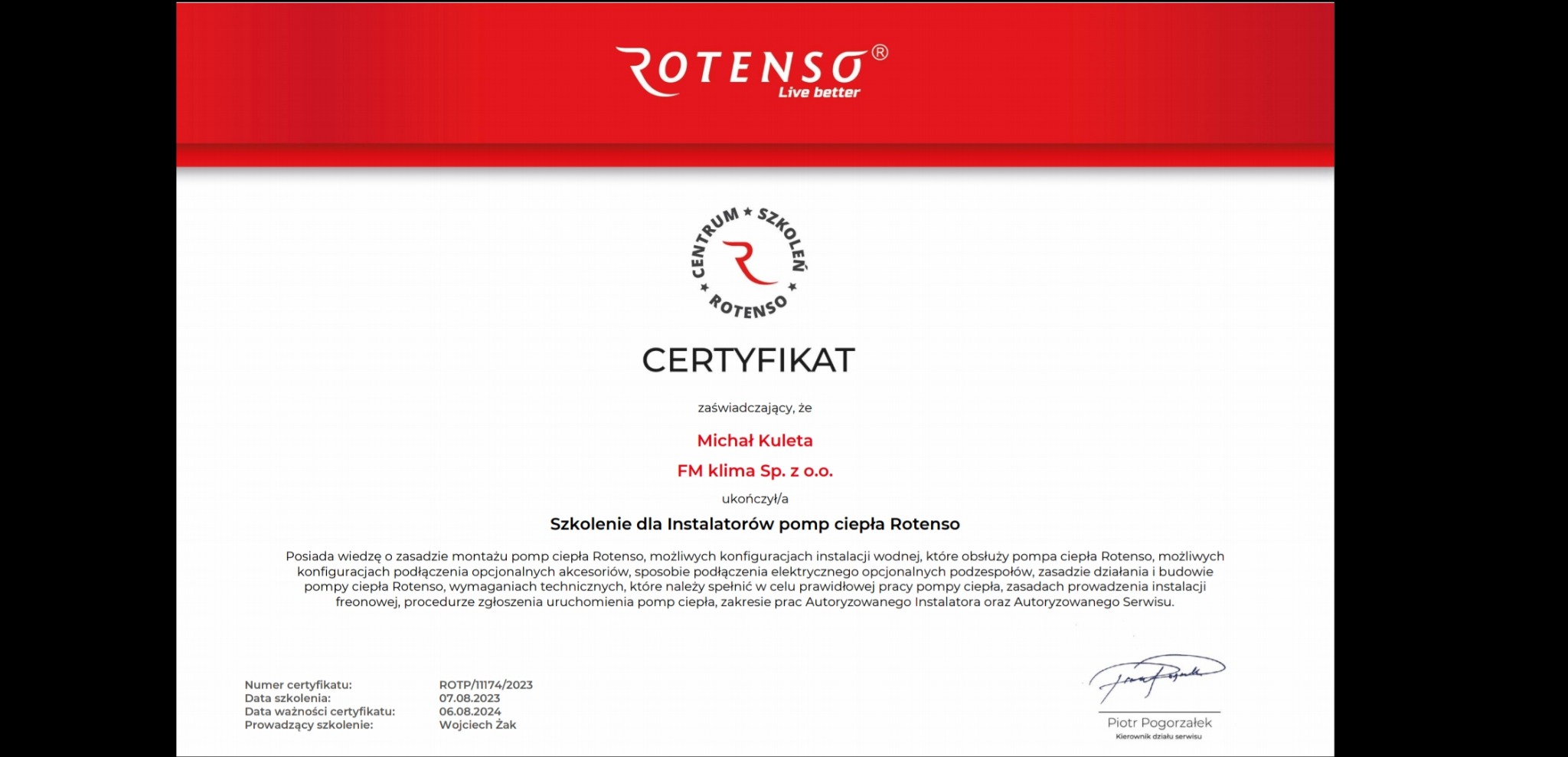 Certyfikat ukończenia szkolenia dla instalatorów pomp ciepła Rotenso, wystawiony dla Michała Kulety przez FM Klima Sp. z o.o., z podpisem Piotra Pogorzałka.