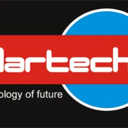 Logo firmy Martech z hasłem Technology of future, umieszczone na czarnym tle z czerwonym prostokątem i niebieskim okręgiem.