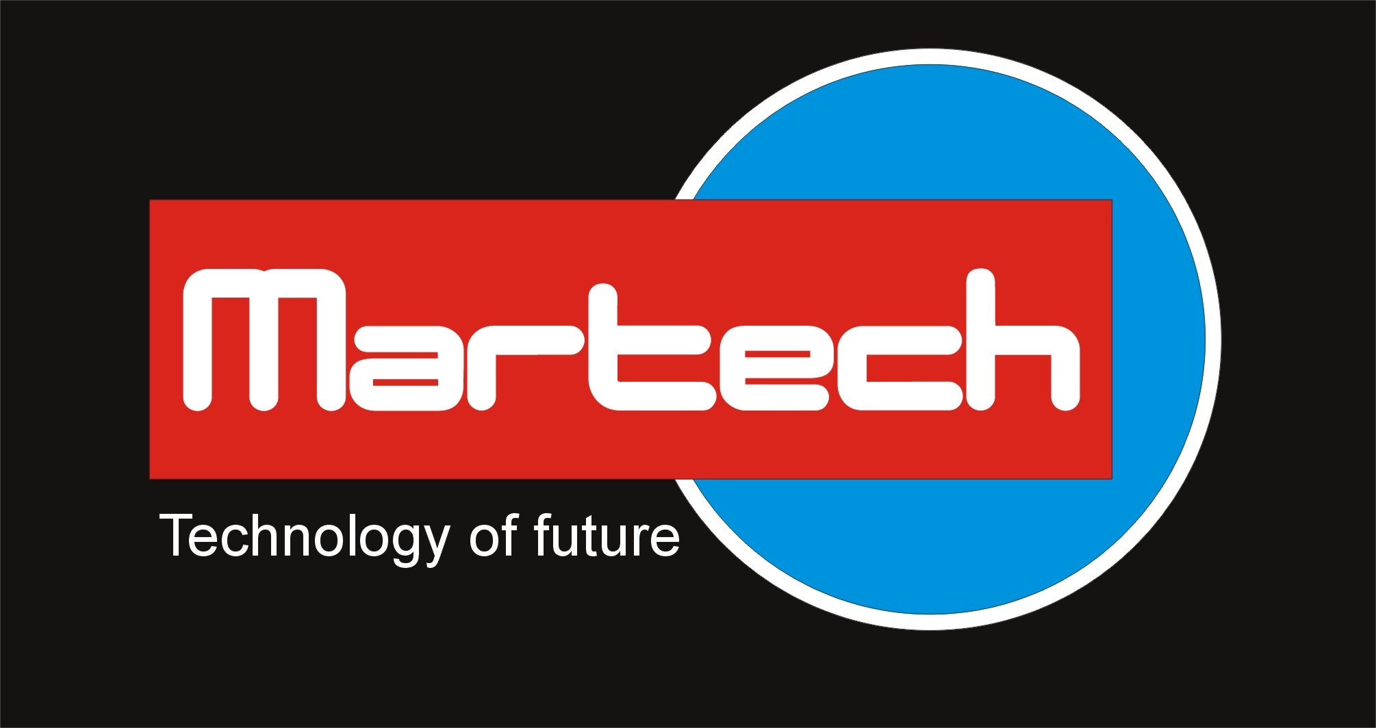 Logo firmy Martech z hasłem Technology of future, umieszczone na czarnym tle z czerwonym prostokątem i niebieskim okręgiem.