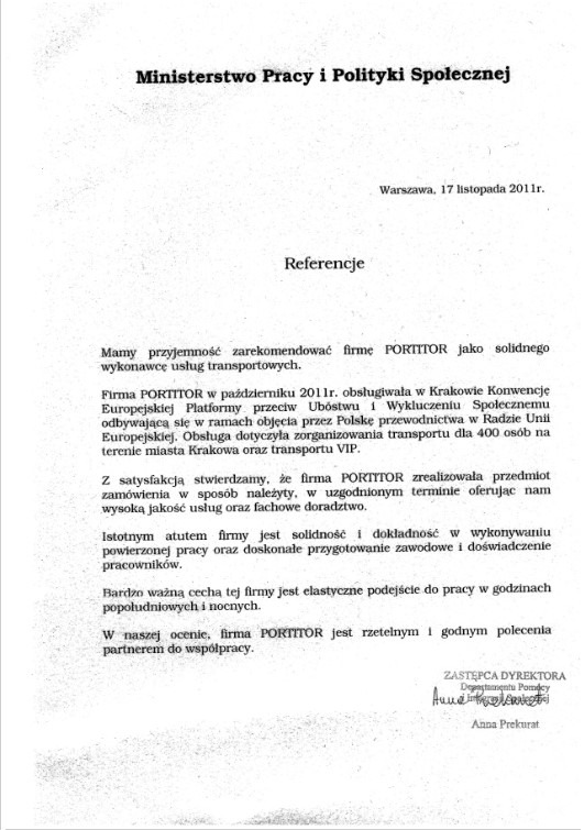 Skan dokumentu referencyjnego od Ministerstwa Pracy i Polityki Społecznej dla firmy PORTITOR, potwierdzający solidność i wysoką jakość usług transportowych, w tym obsługę konwencji w Krakowie...