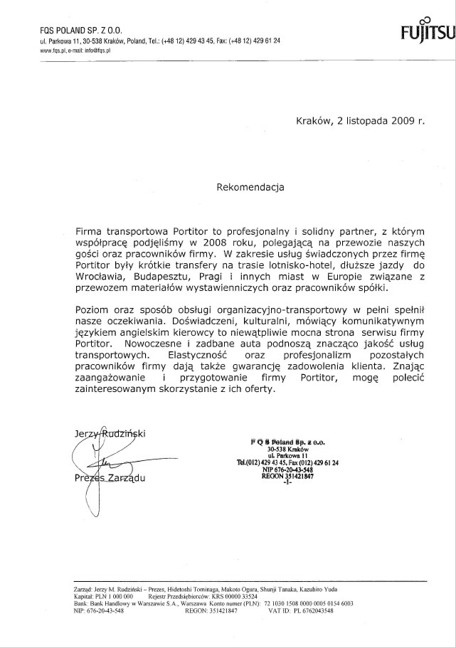 Skan referencji dla firmy transportowej Portitor, wystawione przez FQS Poland Sp. z o.o. w Krakowie, datowane na 2 listopada 2009 r., z podpisem Prezesa Zarządu Jerzego Rudzińskiego.
