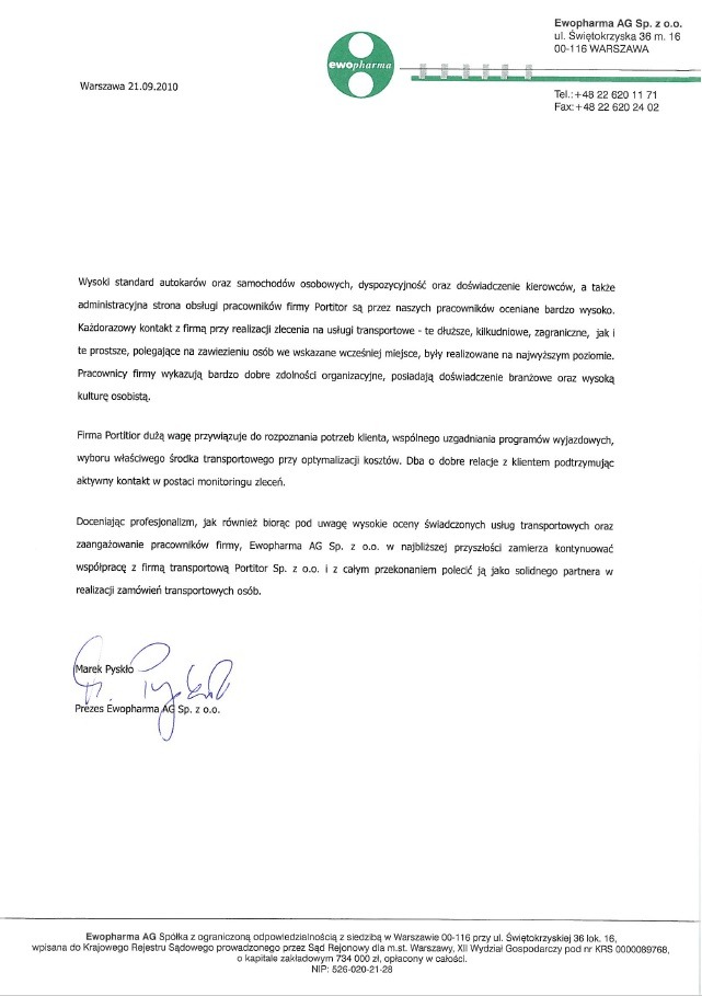 Skan listu referencyjnego od firmy Ewopharma AG Sp. z o.o. polecającego firmę transportową Portitor Sp. z o.o. za realizację zamówień transportowych osób, z datą 21.09.2010 i podpisem Marka Pyskło,...