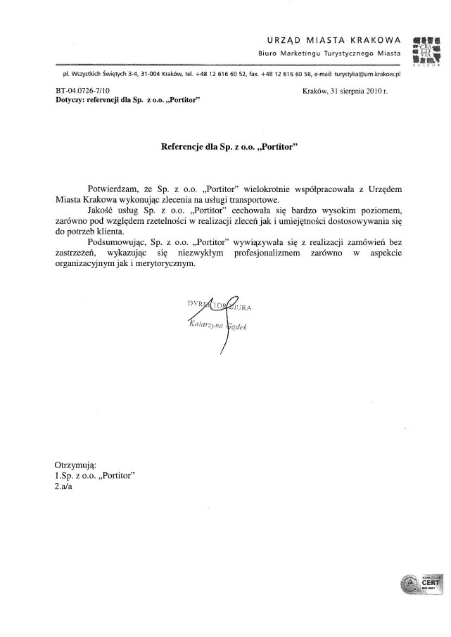 Skan dokumentu referencyjnego od Urzędu Miasta Krakowa dla firmy Portitor, potwierdzający wielokrotną współpracę i wysoką jakość usług transportowych.