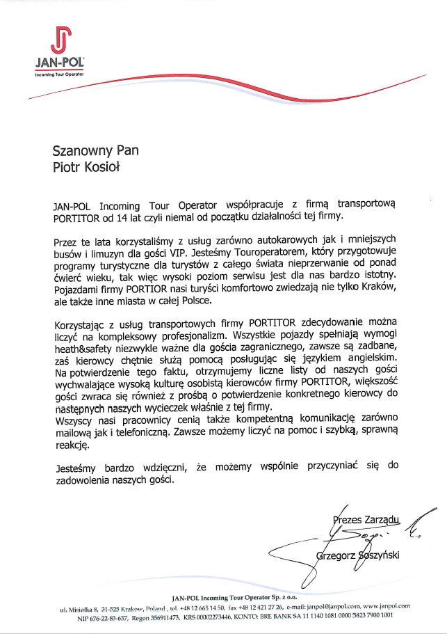 Skan listu referencyjnego firmy JAN-POL Incoming Tour Operator, potwierdzający współpracę z firmą transportową PORTITOR oraz wysoki poziom usług autokarowych, busów i limuzyn dla gości VIP.