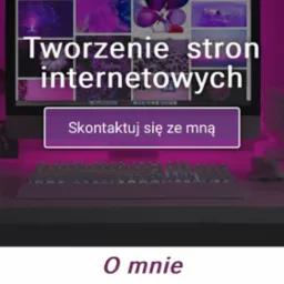 Ekran komputera iMac z otwartą przeglądarką prezentującą kolaż fioletowych grafik i napis 'Tworzenie stron internetowych', poniżej przycisk 'Skontaktuj się ze mną', podświetlona klawiatura...