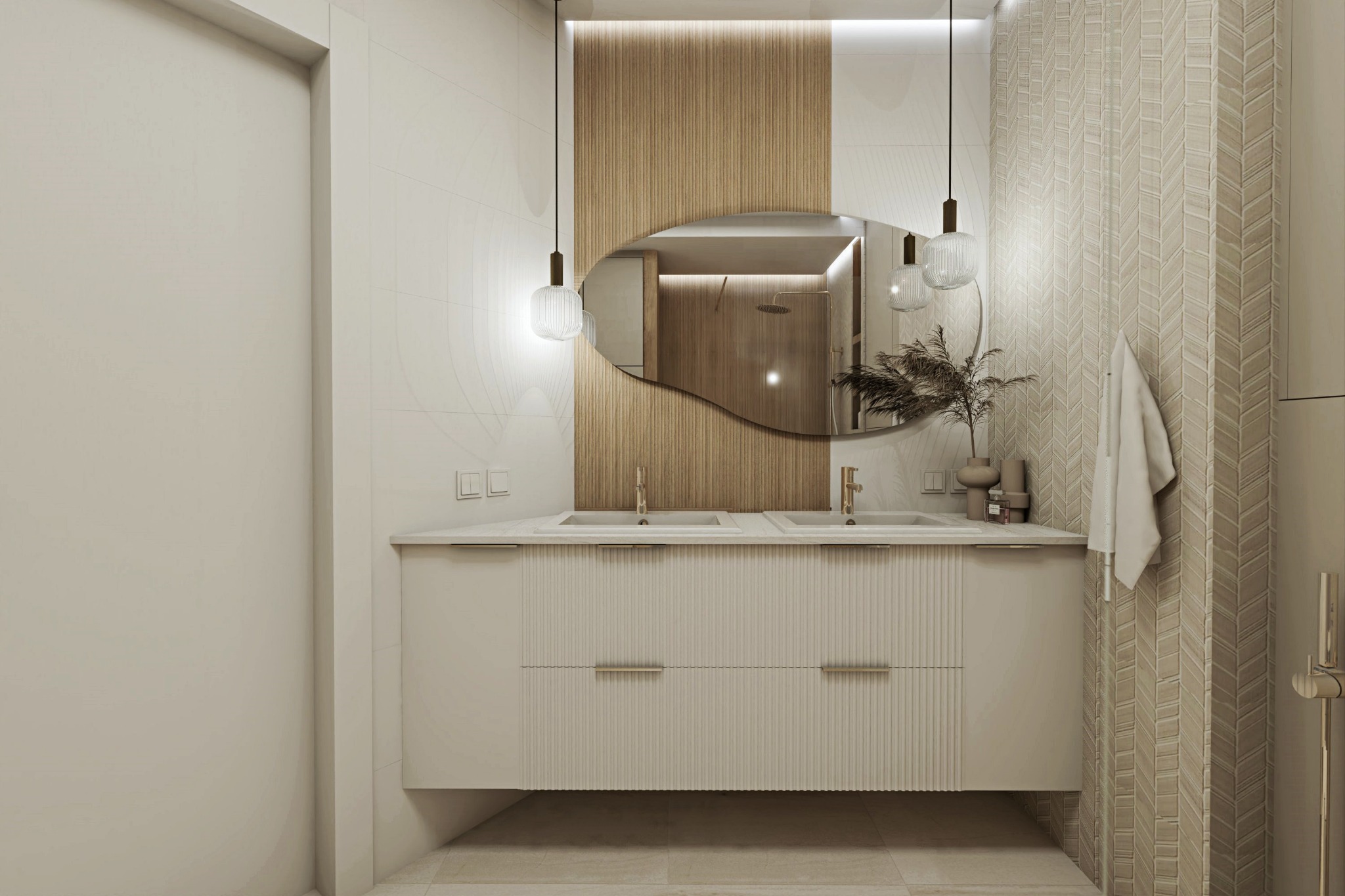 Nowoczesna łazienka z podwójną umywalką, owalnym lustrem odbijającym kabinę prysznicową, drewnianym panelem dekoracyjnym, wiszącymi lampami z kulistymi kloszami i ręcznikiem na ścianie w jodełkę.