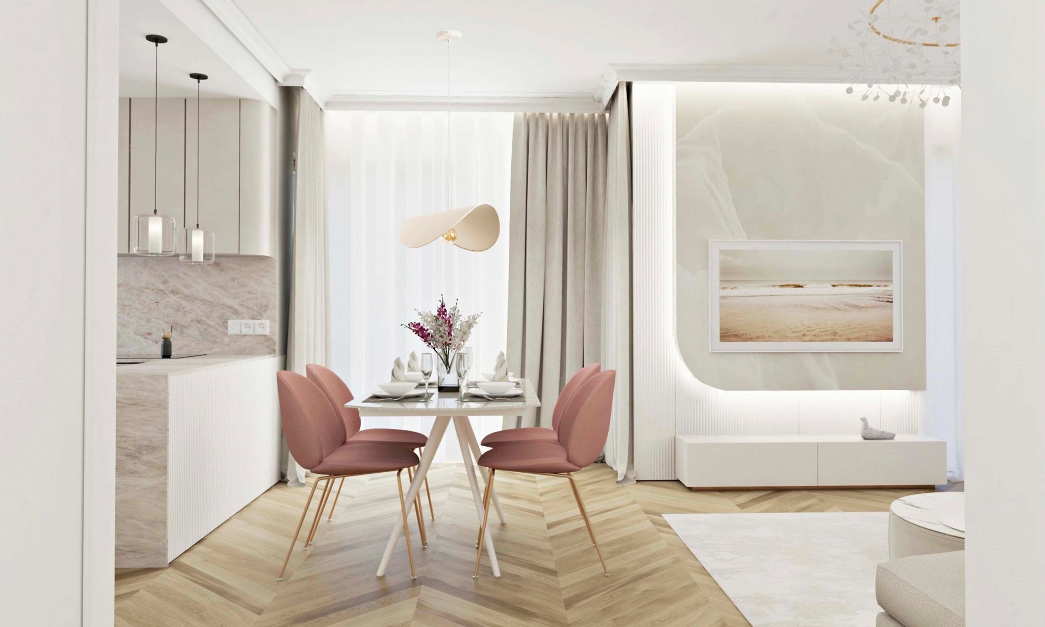 Jasne wnętrze jadalni z elementami różu: marmurowy blat kuchenny, różowe krzesła tulipanowe przy białym stole, parkiet w jodełkę, nowoczesne oświetlenie i obraz z motywem plaży.