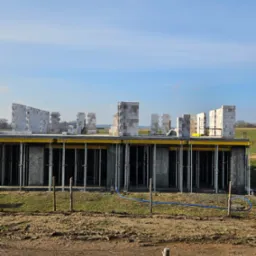 Wznoszenie ścian parterowego domu z betonu komórkowego Ytong, widoczne szalunki stropu, ziemia wokół placu budowy rozjeżdżona.