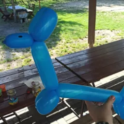 Niebieski balon w kształcie zwierzęcia trzymany w ręku na tle drewnianego stołu z dekoracjami w słoikach, plenerowa sceneria.