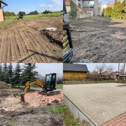 Solid-Tech Lucjan Golonka - Kompozycja czterech kadrów prezentująca etapy przygotowania terenu: wyrównany teren z widocznymi śladami opon, teren po niwelacji, wykop z gruzem i pracujący mini-koparka oraz utwardzona...