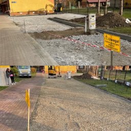 Solid-Tech Lucjan Golonka - Dwa ujęcia terenu po utwardzeniu drogi kruszywem, z widocznym mini-koparką, krawężnikami i tablicą ostrzegawczą 'Teren budowy, wstęp wzbroniony', oraz fragmentem chodnika z kostki brukowej.