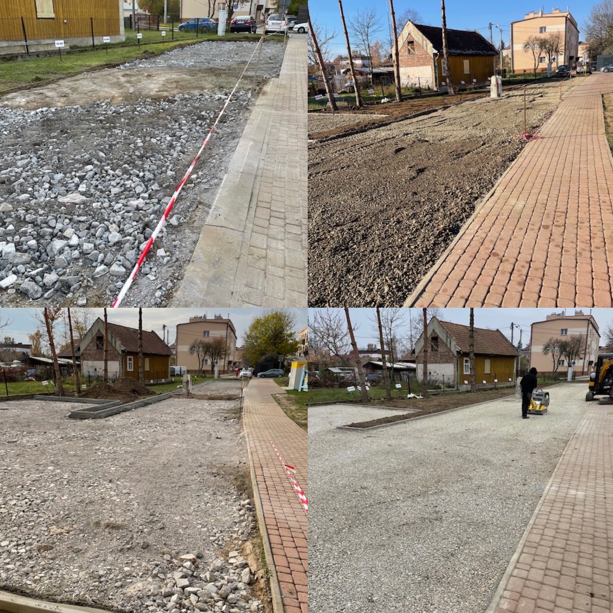 Cztery ujęcia z budowy drogi: przygotowanie podłoża z gruzu, wyrównywanie terenu, układanie kostki brukowej na chodniku, zagęszczanie podłoża ubijarką spalinową, widoczne budynki mieszkalne w tle.