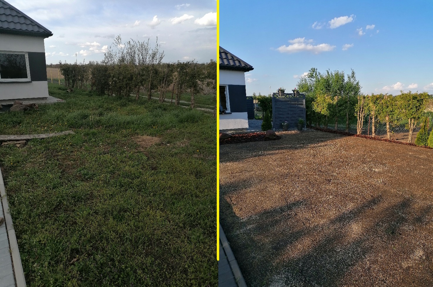 Porównanie stanu działki przed i po: zaniedbany trawnik kontra wyrównany teren pokryty drobnym kruszywem, z uporządkowaną zielenią wzdłuż ogrodzenia i nowym, drewnianym płotem.