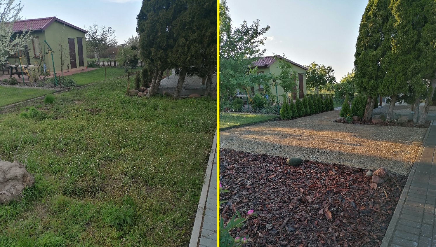 Porównanie stanu trawnika przed i po realizacji usługi: zarośnięty trawnik z chwastami kontra uporządkowany teren z wysypanym grysem i korą, ozdobnymi kamieniami oraz posadzonymi tujami.