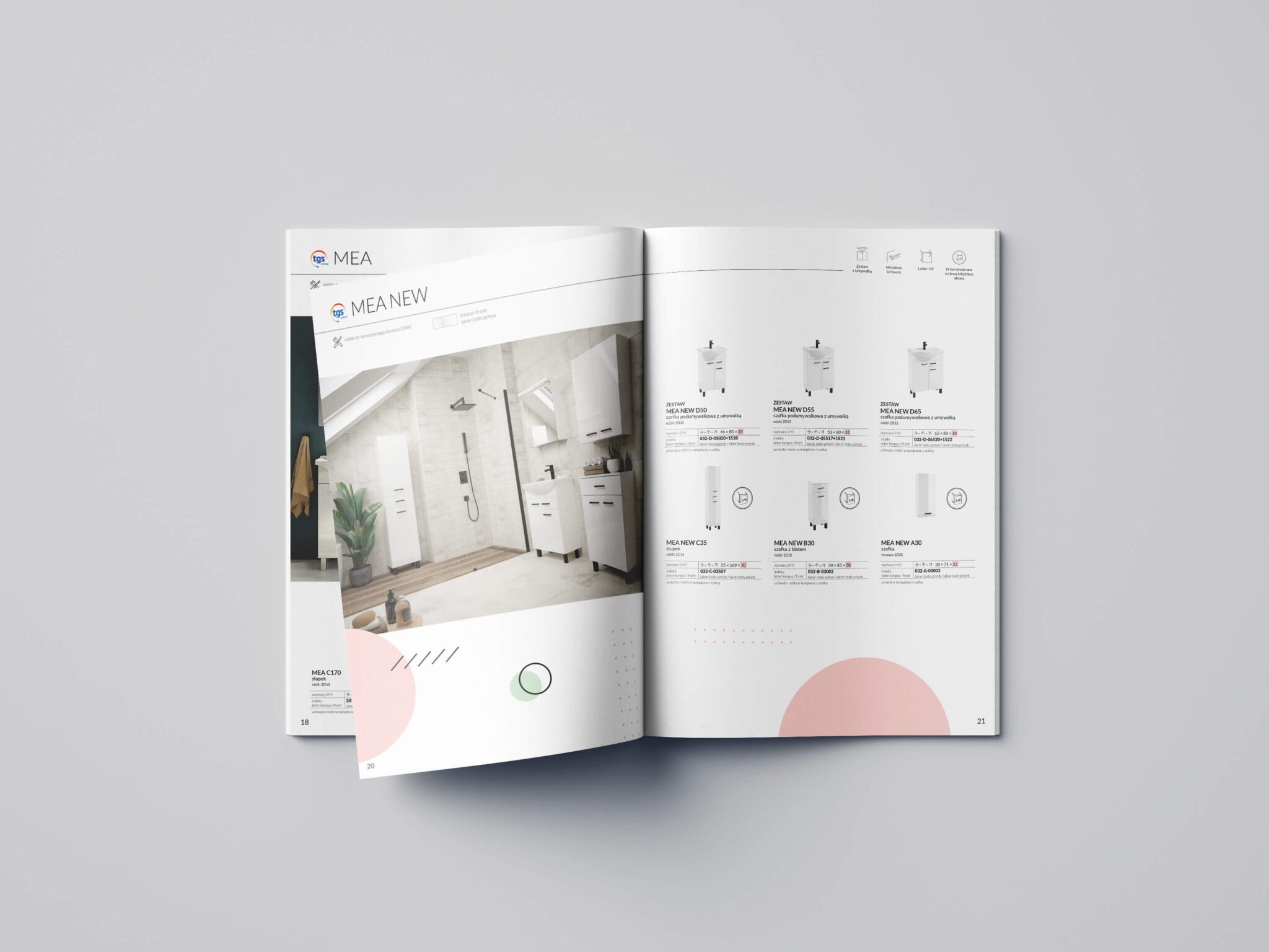 Otwarty katalog produktowy z ofertą mebli łazienkowych MEA NEW, prezentujący aranżacje łazienek z białymi szafkami i umywalkami oraz szczegółowe informacje o wymiarach i numerach katalogowych...