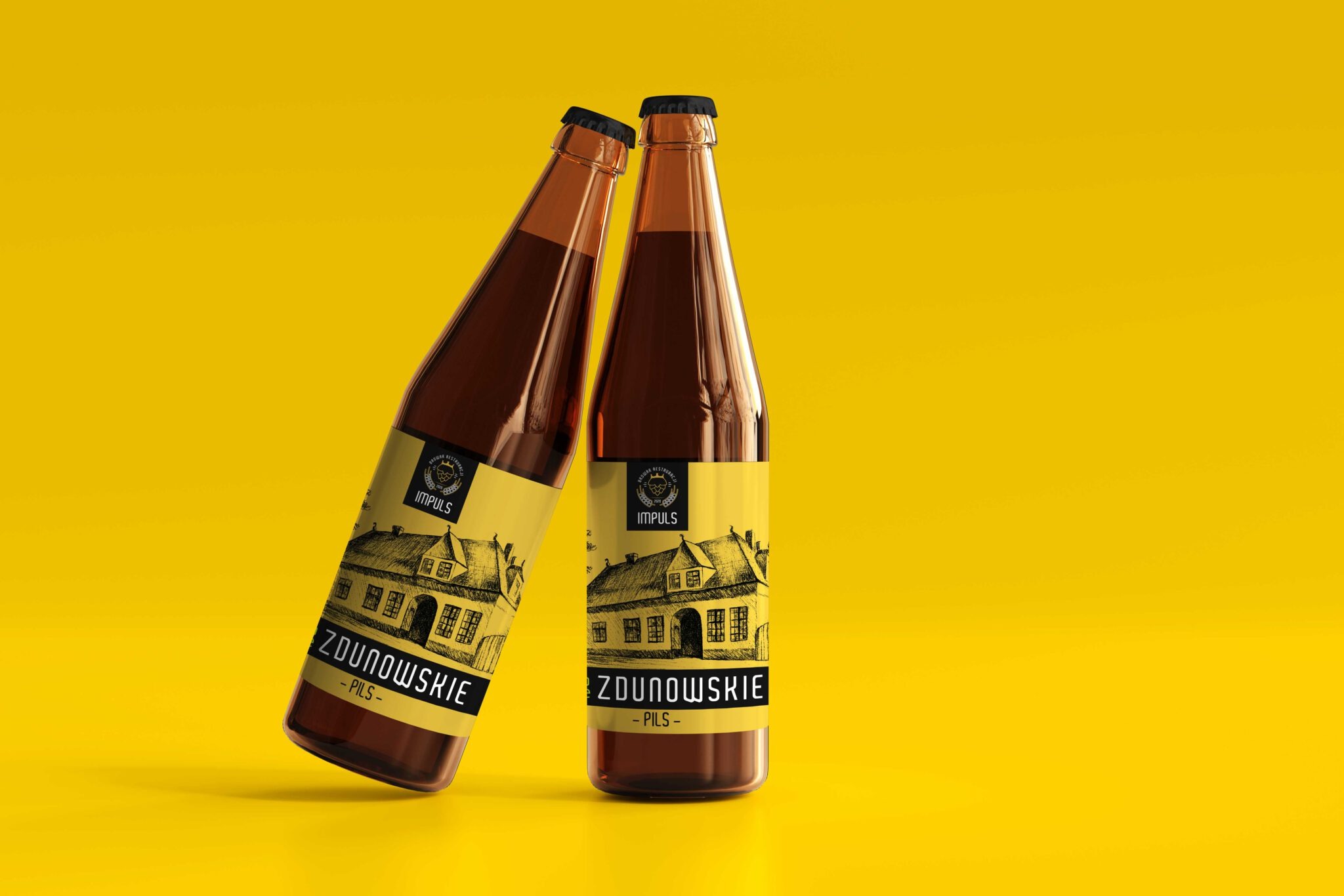 Dwie butelki piwa Zdunowskie Pils Browaru Impuls na żółtym tle, z etykietami przedstawiającymi stylizowany budynek.