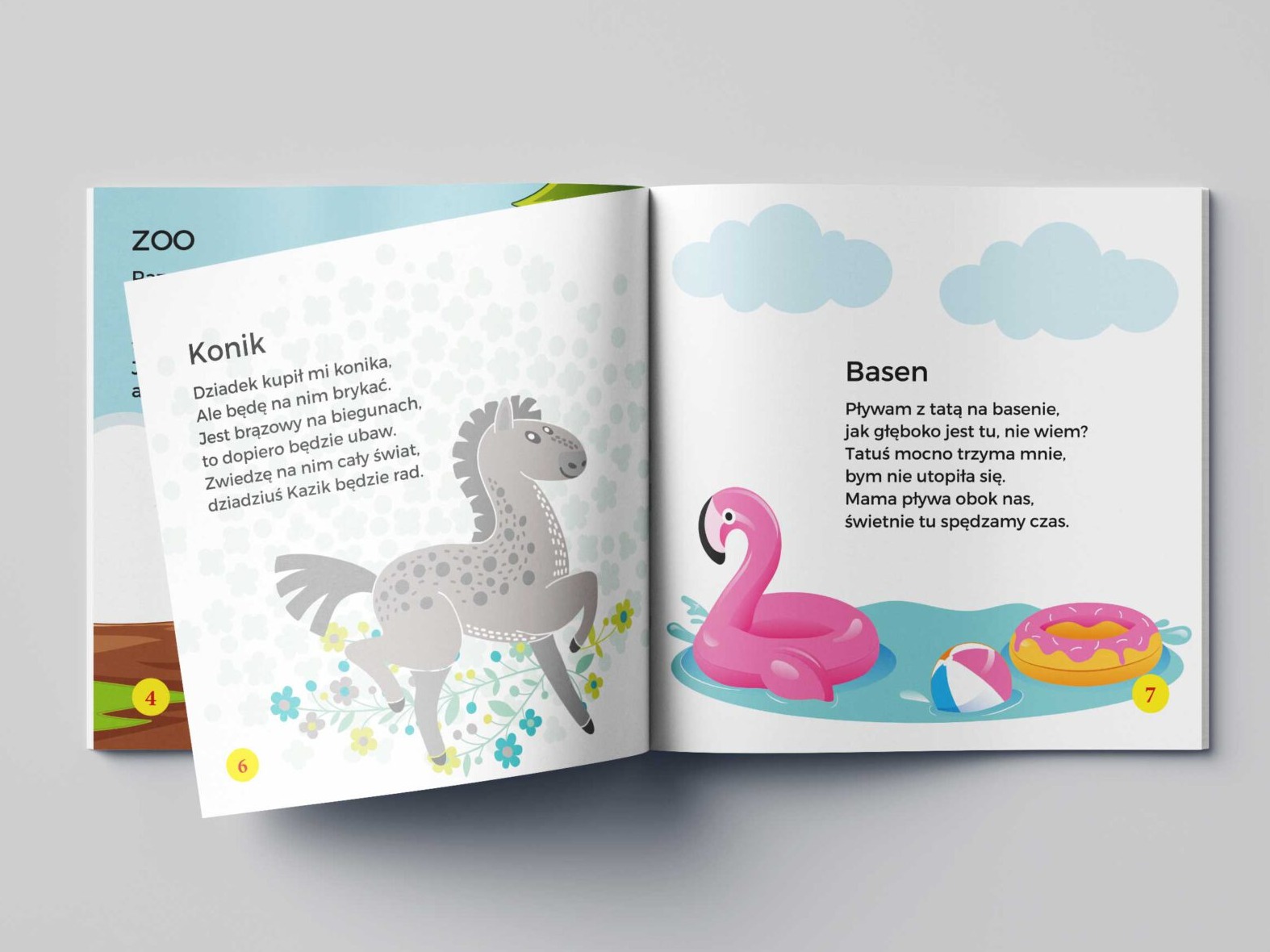 Otwarta książka dla dzieci z ilustracjami konika na biegunach i basenu z dmuchanym flamingiem, widoczne numery stron 4, 6 i 7.