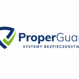 Logo firmy ProperGuard Systemy Bezpieczeństwa: granatowy symbol tarczy z zielonym ptaszkiem w środku i granatowy napis ProperGuard Systemy Bezpieczeństwa.