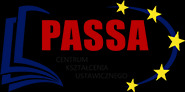 Logo firmy PASSA Centrum Kształcenia Ustawicznego z elementami graficznymi symbolizującymi książki i gwiazdy Unii Europejskiej na czarnym tle.