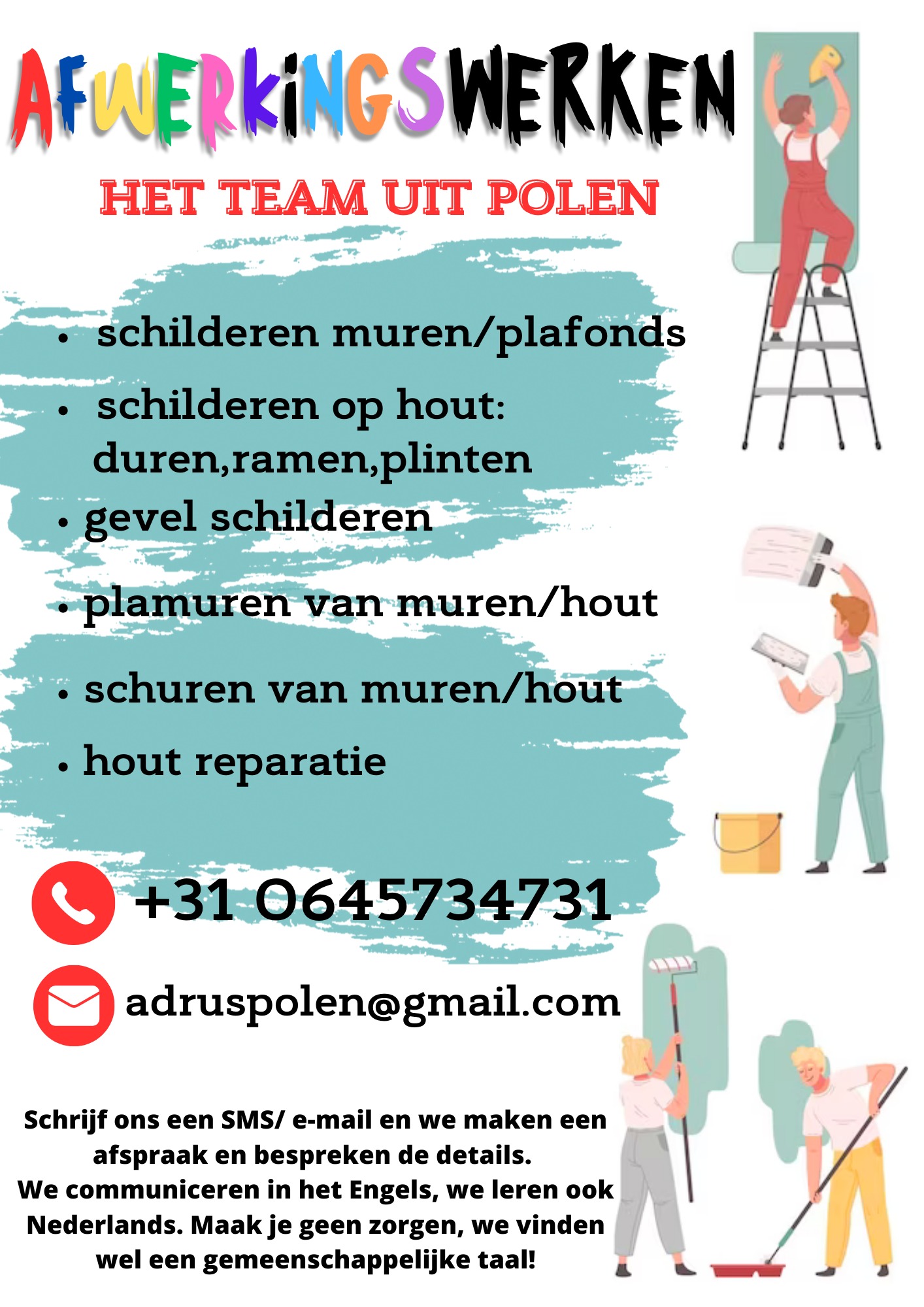 Ilustracja reklamowa firmy budowlanej z Polski oferującej usługi wykończeniowe, malowanie ścian i drewna, szpachlowanie, szlifowanie oraz naprawę drewna. Zawiera dane kontaktowe: numer telefonu...