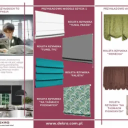 Kolaż prezentujący proces szycia i różne modele rolet rzymskich, w tym rolety tunelowe, faliste i na taśmach, z młodym krawcem przy maszynie do szycia i aranżacją okienną w tle.