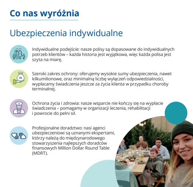 Reklama ubezpieczeń indywidualnych: rodzinne spotkanie w ogrodzie, hasła o indywidualnym podejściu, szerokim zakresie ochrony i profesjonalnym doradztwie.