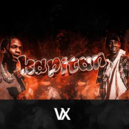 Grafika z dwoma raperami, Travis Scott i innym, w pomarańczowo-czarnej tonacji, z napisem 'Kapitan' i logo VX na dole.