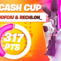 Miniaturka na YouTube przedstawiająca postać z gry w białym kombinezonie i masce, trzymającą karabin na tle rankingu turnieju Duo Cash Cup z napisem '317 PTS'.