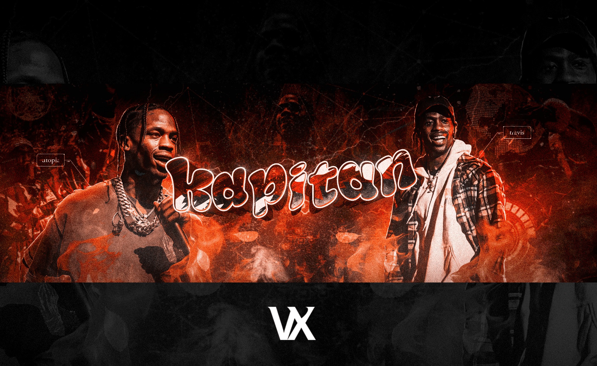 Grafika z dwoma raperami, Travis Scott i innym, w pomarańczowo-czarnej tonacji, z napisem 'Kapitan' i logo VX na dole.
