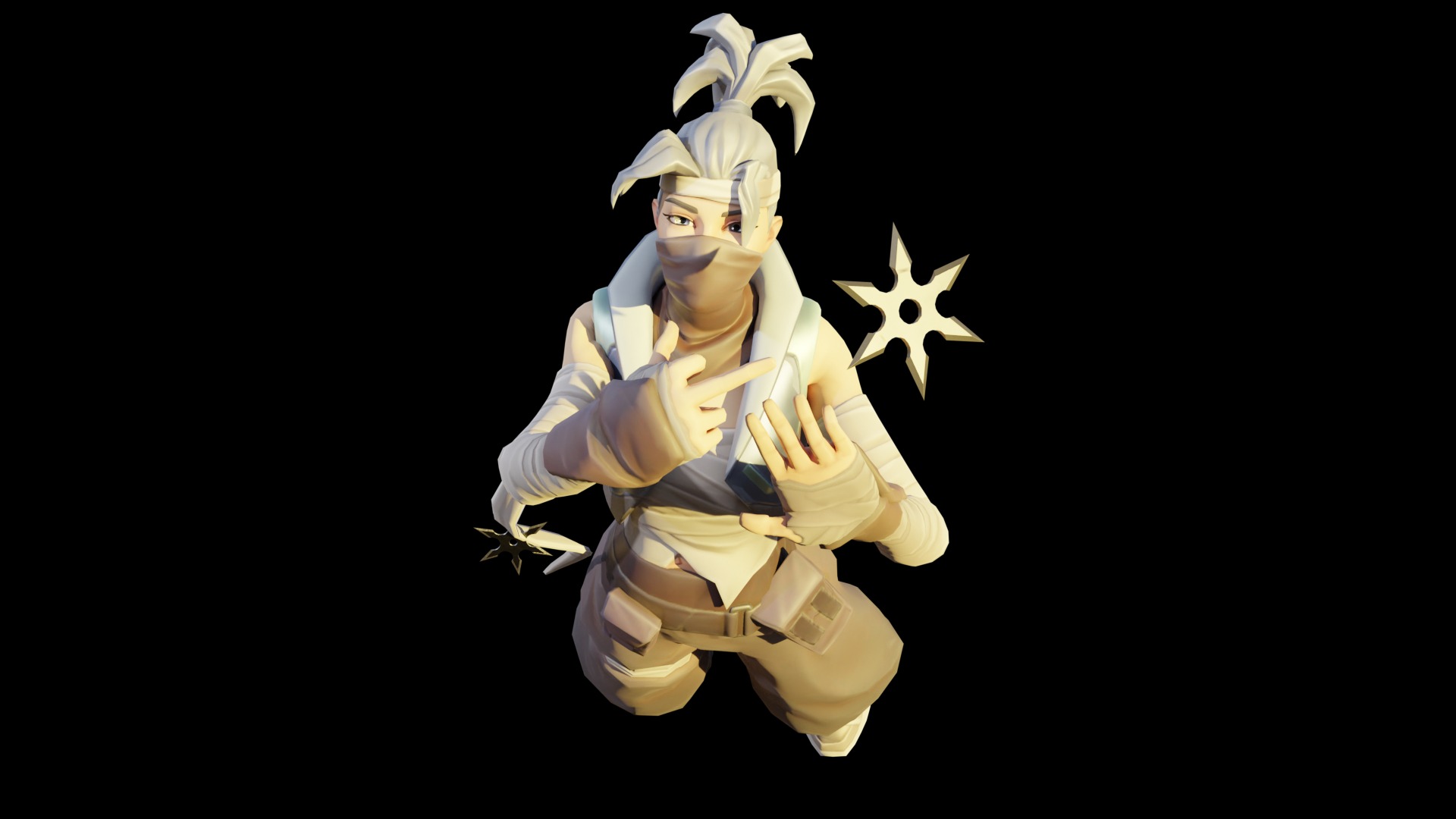 Render 3D postaci ninja w jasnych barwach na czarnym tle, z shurikenami.