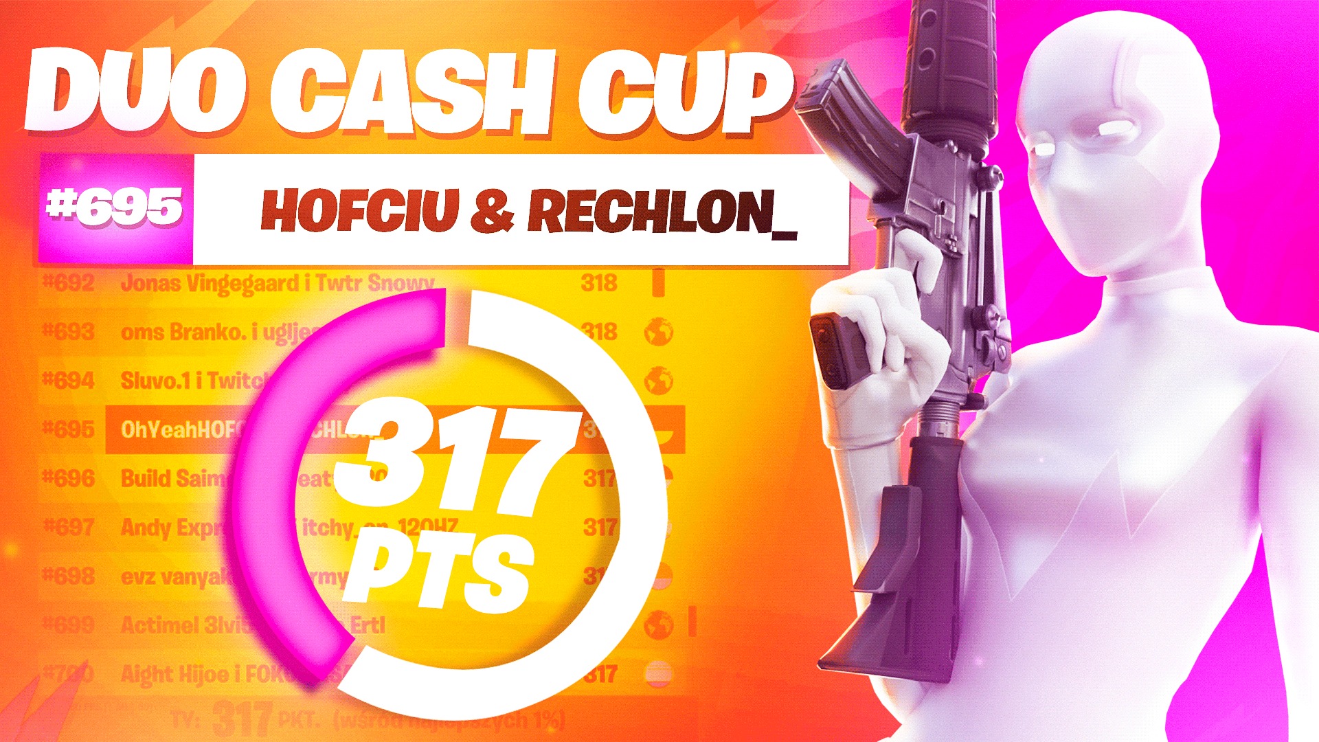 Miniaturka na YouTube przedstawiająca postać z gry w białym kombinezonie i masce, trzymającą karabin na tle rankingu turnieju Duo Cash Cup z napisem '317 PTS'.