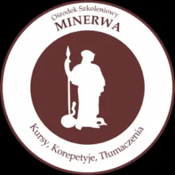 Logo Ośrodka Szkoleniowego Minerwa z sylwetką Minerwy trzymającej włócznię i ze smokiem u stóp, otoczone napisem 'Kursy, Korepetycje, Tłumaczenia'.