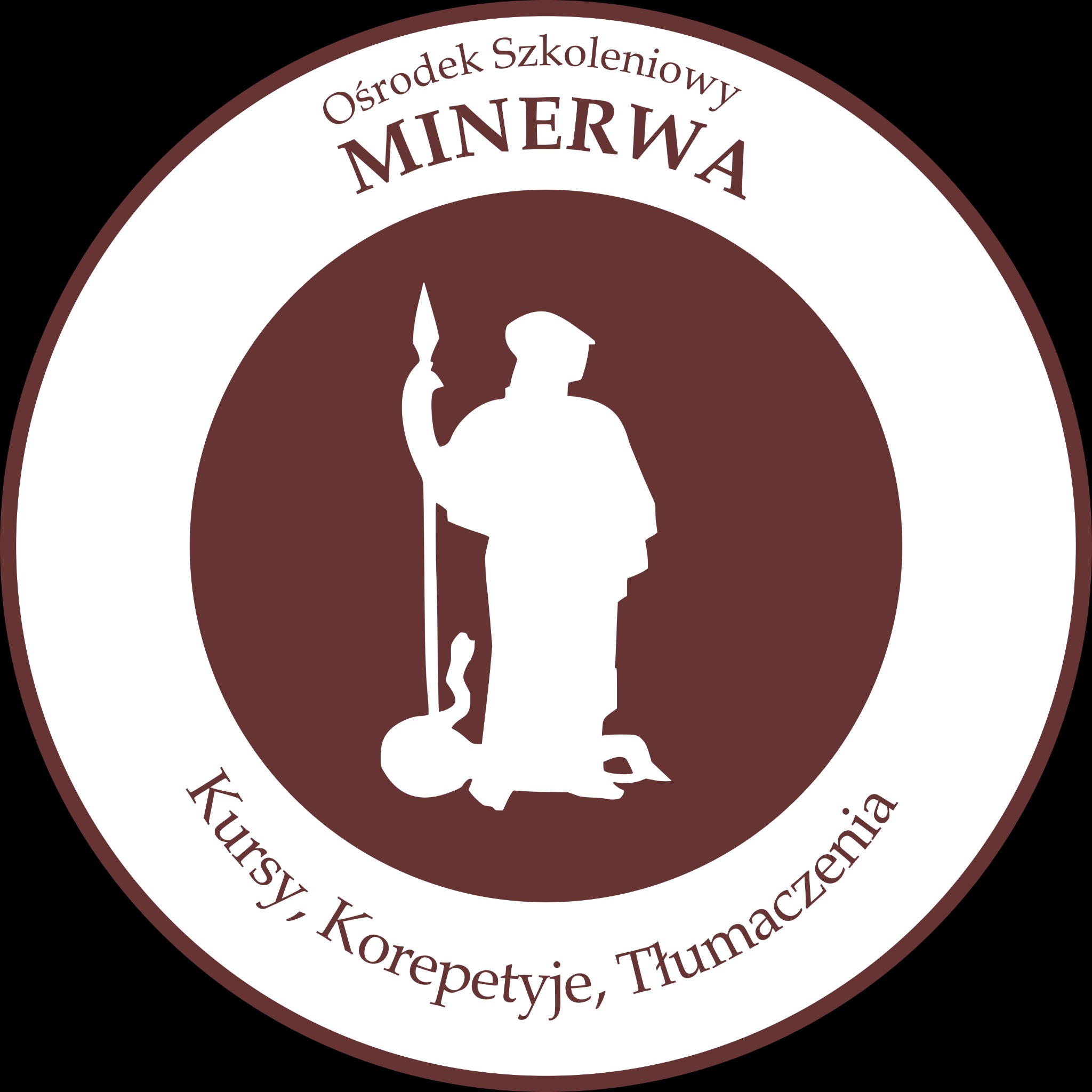 Logo Ośrodka Szkoleniowego Minerwa z sylwetką Minerwy trzymającej włócznię i ze smokiem u stóp, otoczone napisem 'Kursy, Korepetycje, Tłumaczenia'.