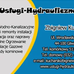 Wizytówka firmy hydraulicznej Zbigniewa Kucharskiego z Gliwic, oferującej instalacje wodno-kanalizacyjne, przeglądy, konserwacje, naprawy, centralne ogrzewanie, instalacje gazowe i wkłady kominowe,...