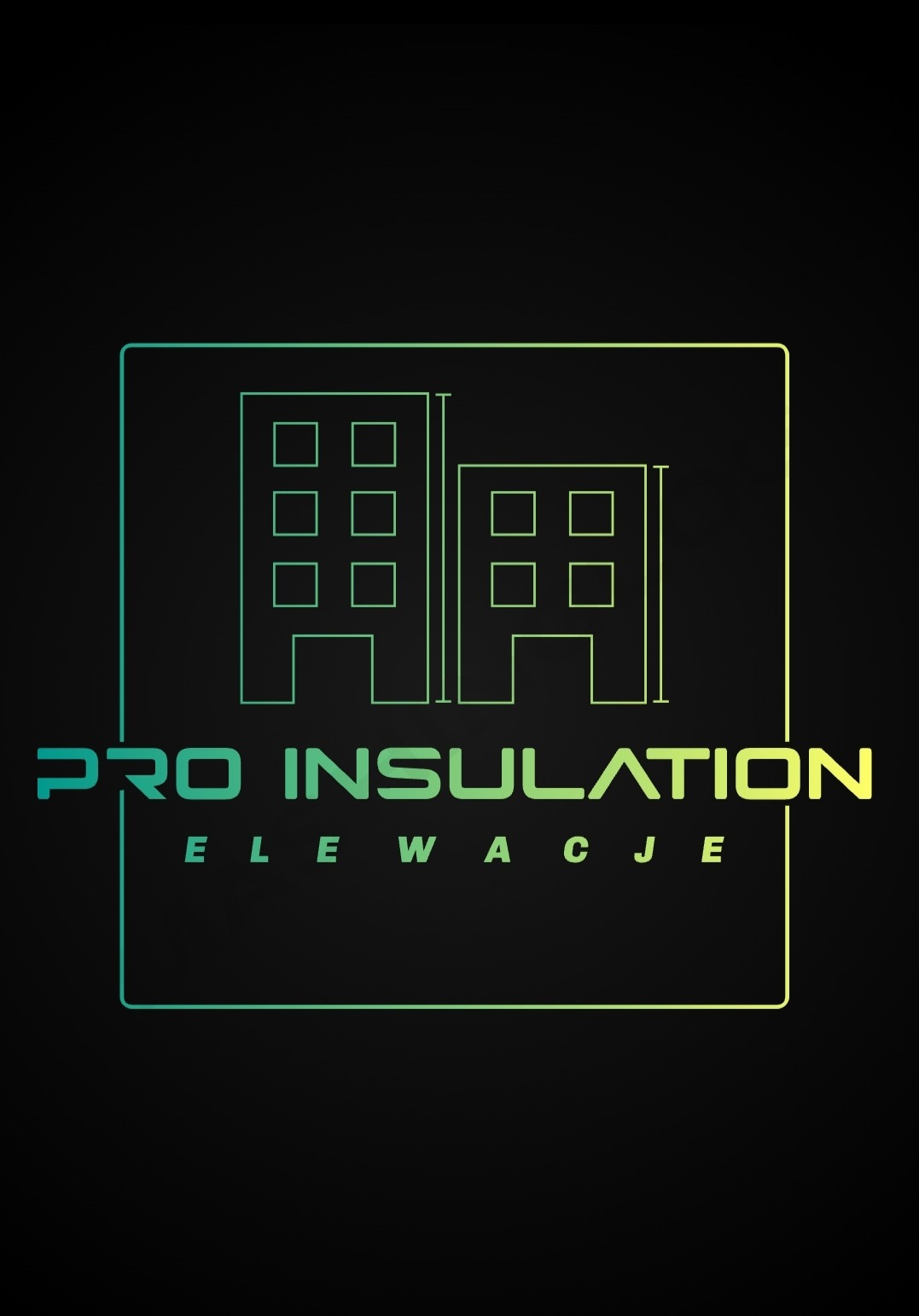 Logo firmy 'Pro Insulation Elewacje' z graficznym przedstawieniem dwóch budynków w formie schematycznych obrysów, gradient od zieleni do żółci na czarnym tle.