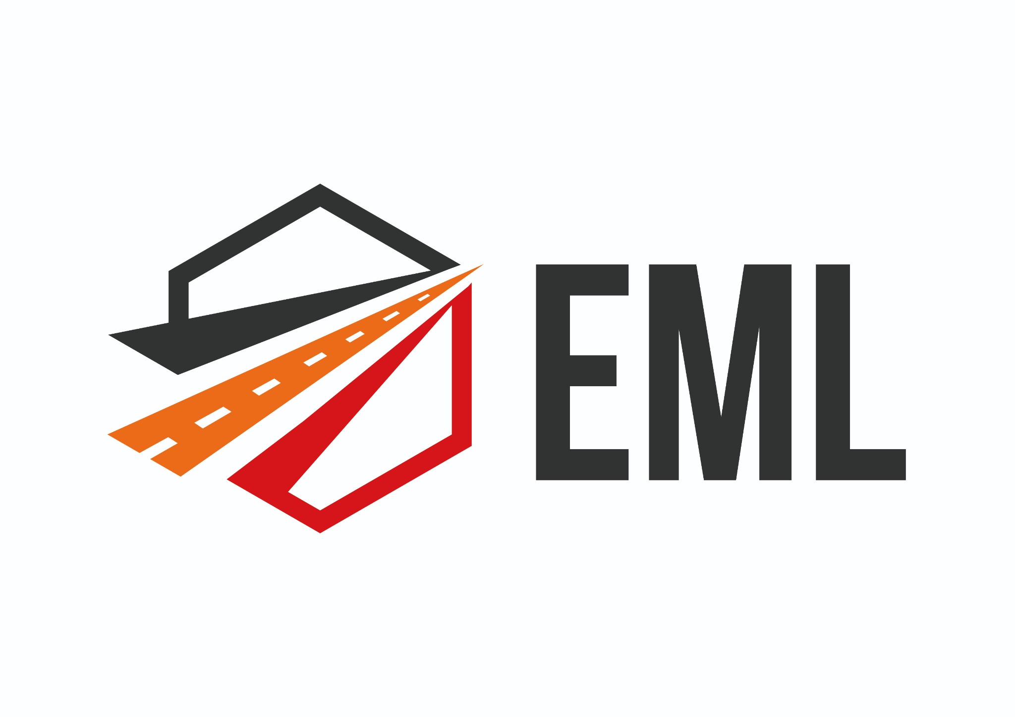Graficzne logo firmy EML przedstawiające abstrakcyjną drogę w perspektywie, wychodzącą z geometrycznej figury, w kolorach czarnym, pomarańczowym i czerwonym, na białym tle.