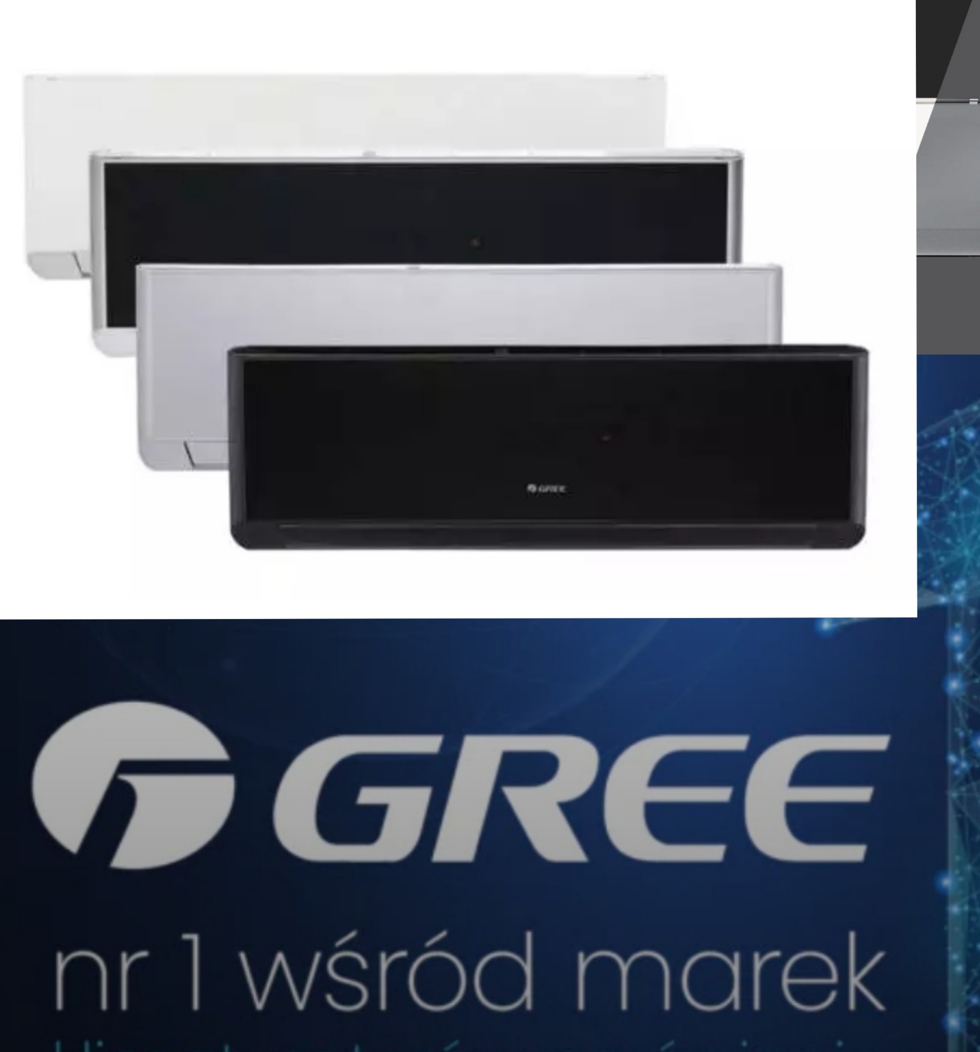 GREE: Cztery klimatyzatory ścienne w różnych kolorach (biały, szary, czarny) z logo marki, promowane jako nr 1 wśród marek klimatyzacyjnych.