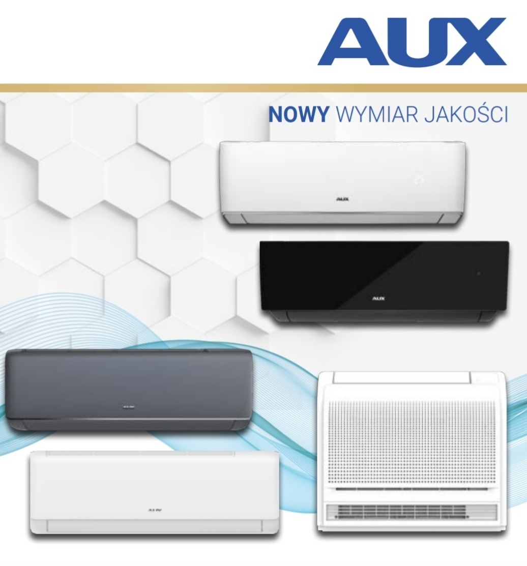 Prezentacja różnych modeli klimatyzatorów marki AUX w kolorach białym, czarnym i szarym na tle z motywem plastra miodu.