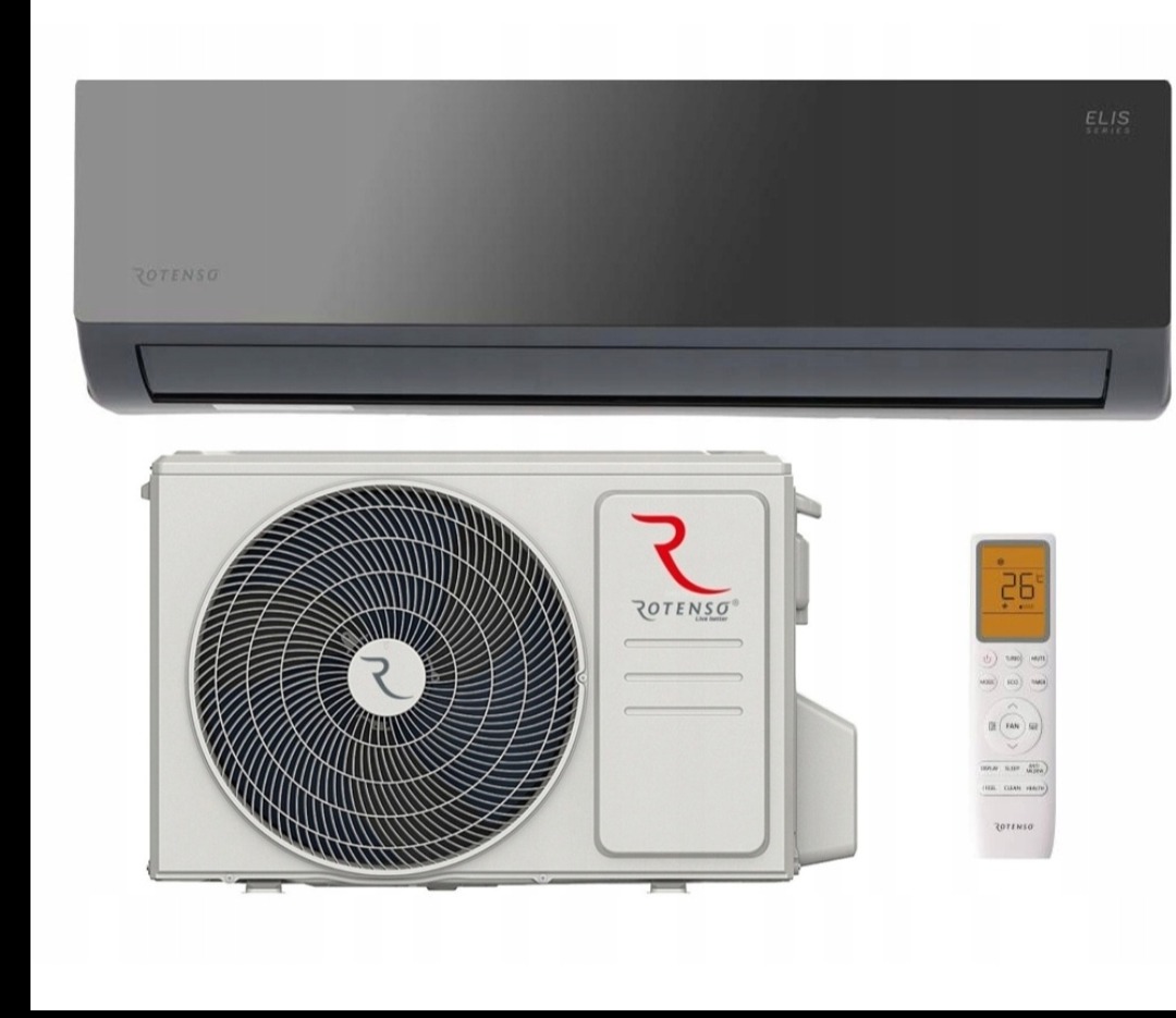 Kompletny zestaw klimatyzacji Rotenso: jednostka wewnętrzna w kolorze grafitowym z serii Elis, jednostka zewnętrzna oraz pilot zdalnego sterowania z wyświetlaczem LCD wskazującym 26 stopni Celsjusza.