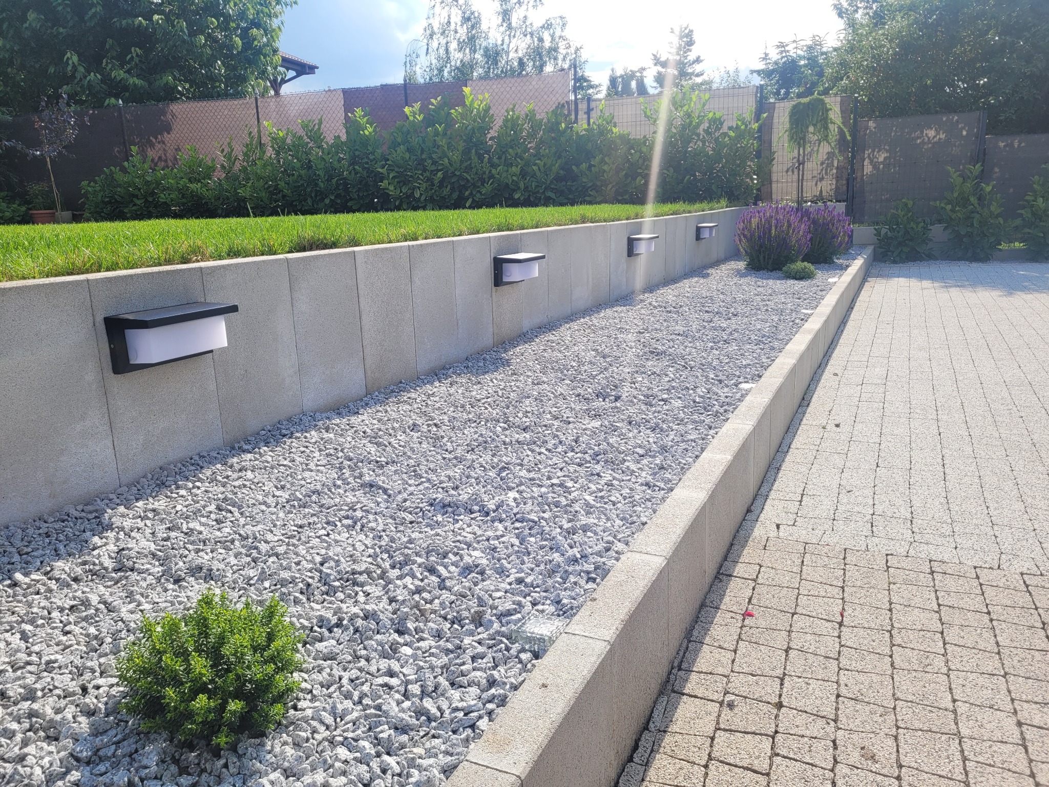 Oświetlenie LED zamontowane na betonowym murku wzdłuż ścieżki z białego żwiru, z zielenią w tle i brukowaną ścieżką z boku.